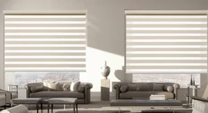2 Zebra Blinds installed side by side in a living room